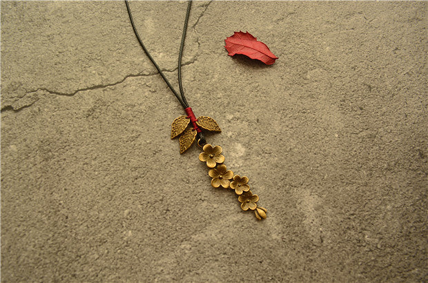Cotton Linen Bronze Plum Blossom Leaves Literary Long Necklace