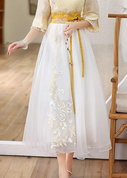 Cute Yellow Embroideried High Waist Tie Waist Tulle Skirts Fall