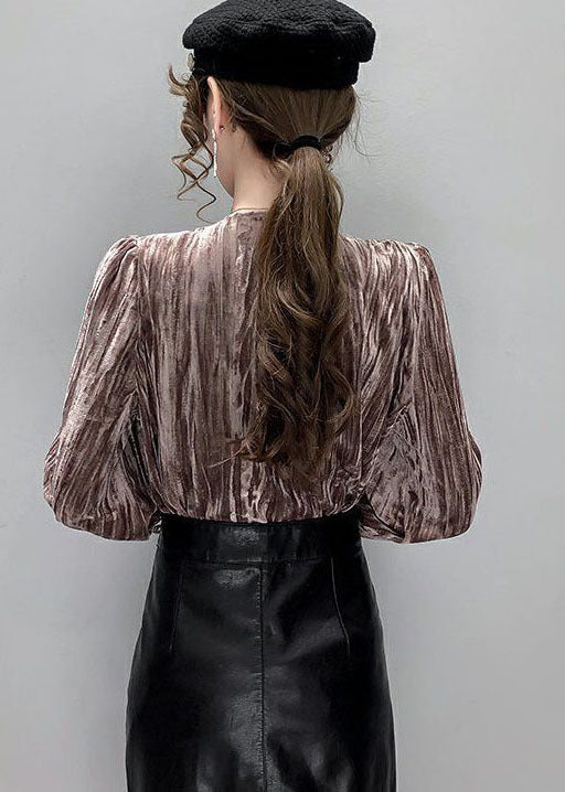 Coffee Lace Silk Velour Blouses V Neck Button Long Sleeve