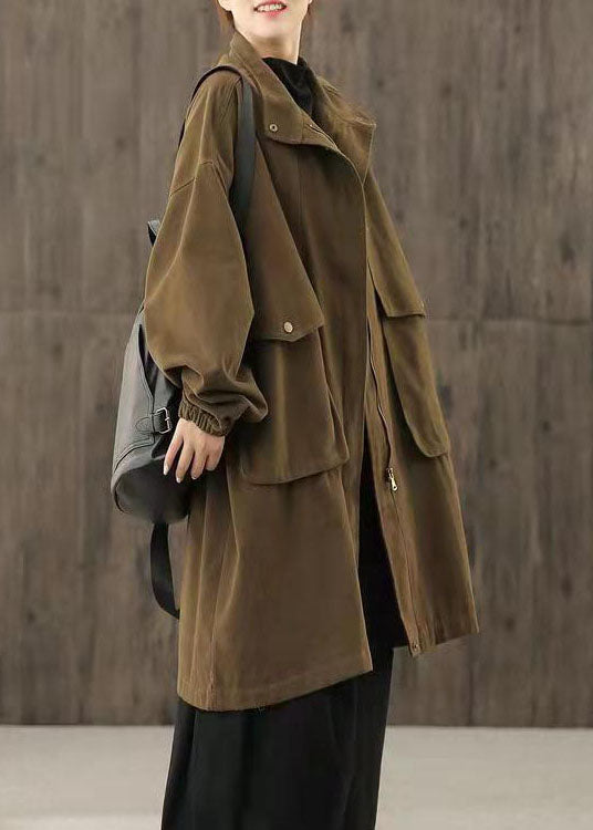 Handmade Coffee Casual zippered Pockets Patchwork Fall trench coats