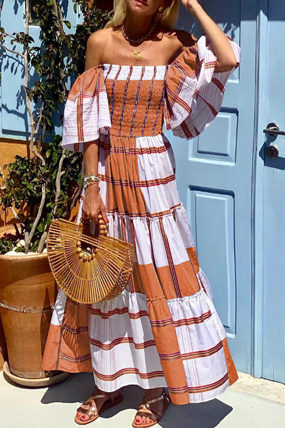 Fashion Print Patchwork Off the Shoulder Cake  Dresses(3 Colors)