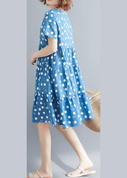 Bohemian o neck Cinched cotton linen blue print Dresses summer