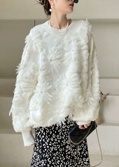 Plus Size Women White Lace Floral Knit Pullover