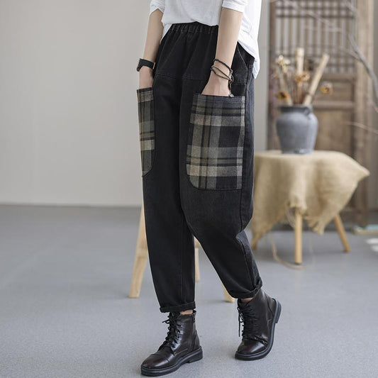 Vintage Autumn Plaid Pockets Casual Cotton Denim Pants