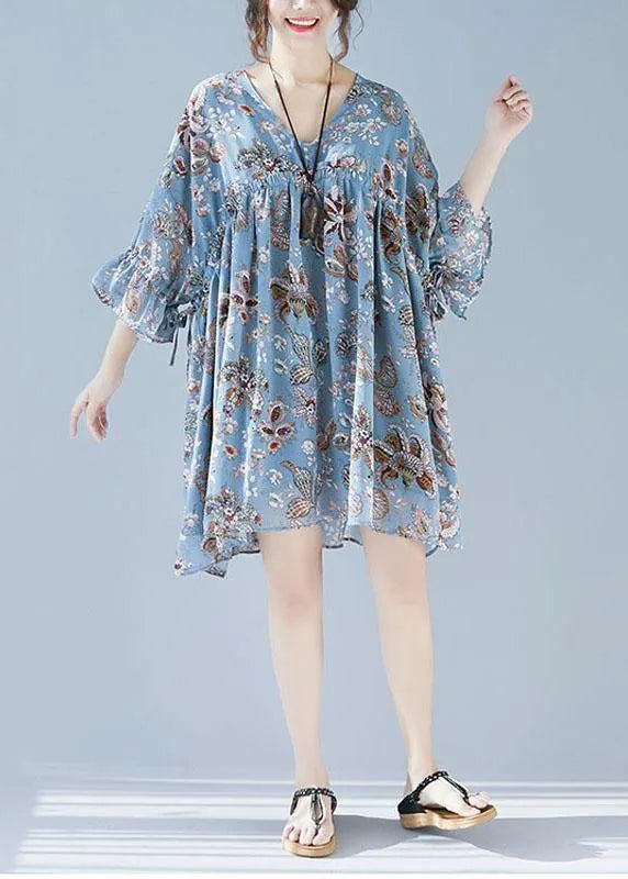Plus Size Blue V Neck Loose Print Summer Chiffon Long Dresses Half Sleeve