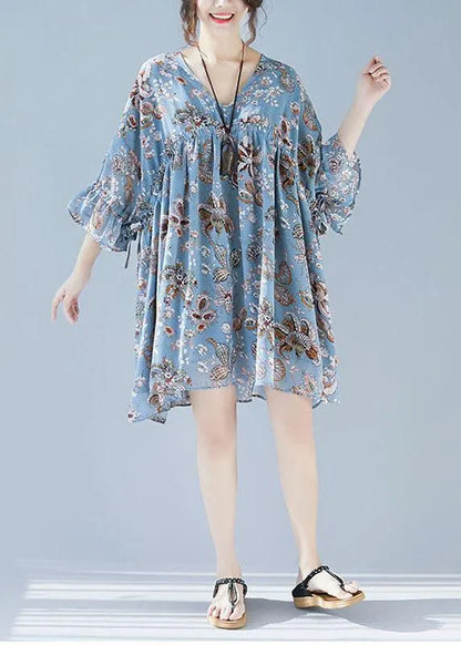 Plus Size Blue V Neck Loose Print Summer Chiffon Long Dresses Half Sleeve