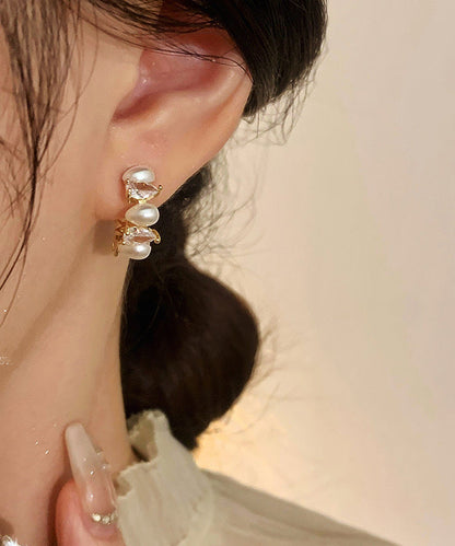 Stylish Gold Copper Zircon Pearl C-Shaped Hoop Earrings