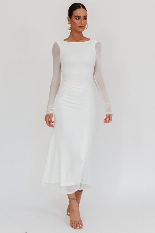 Lustre Open Back Mesh Maxi Dress White