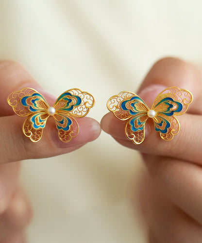 Vintage Gold Sterling Silver Overgild Butterfly Pearl Hollow Out Stud Earrings