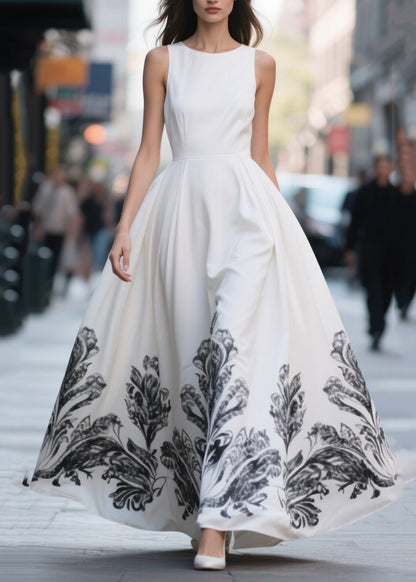 Women White Print Exra Large Hem Chiffon Party Dresses Summer