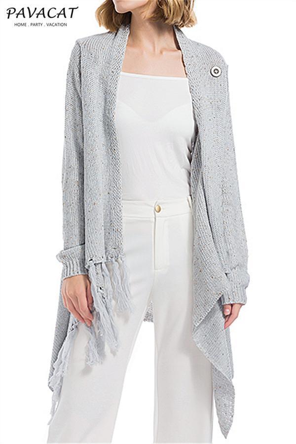Tassel Asymmetrical Hem Shawl Speckled Fringe Cardigan - Khaki