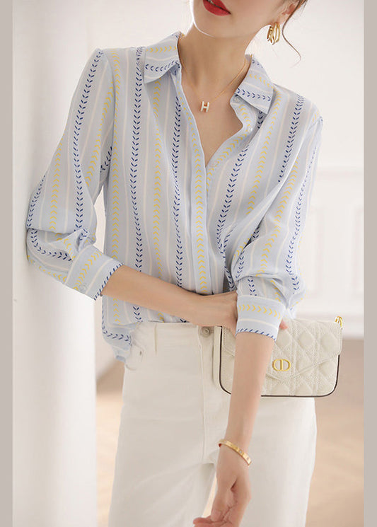 Women Blue Peter Pan Collar Striped Cotton Blouse Top Spring