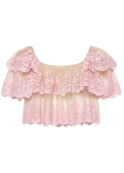 Fashion Pink Slash Neck Ruffled Embroidered Tulle Top Summer