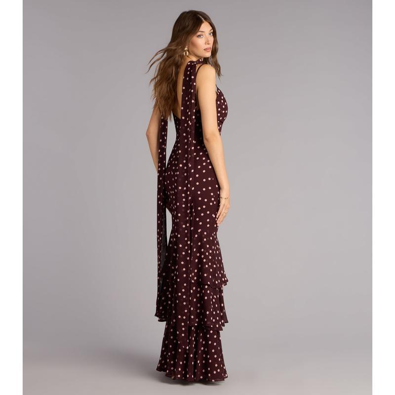 Burgundy Polka Dot Spaghetti Strap Mermaid Maxi Dress | Vintage Draped Ruffle Evening Gown