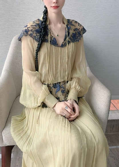 Beautiful Light Green Lace Patchwork Top And Maxi Skirts Two Piece Set Lantern Sleeve