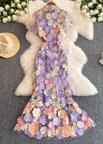 Fashion Rose O-Neck Flattering Tulle Maxi Dresses Summer