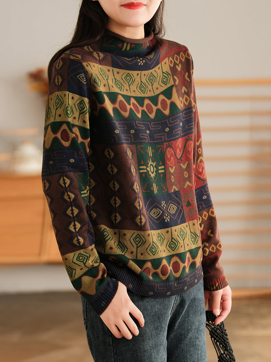 Half-High Collar Cotton Colorblock Women Autumn Casual Sweater