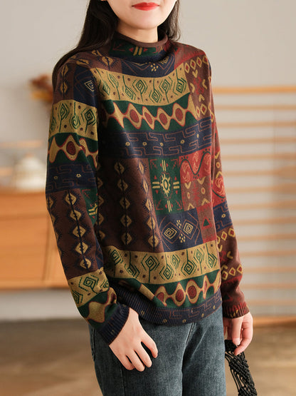 Half-High Collar Cotton Colorblock Women Autumn Casual Sweater