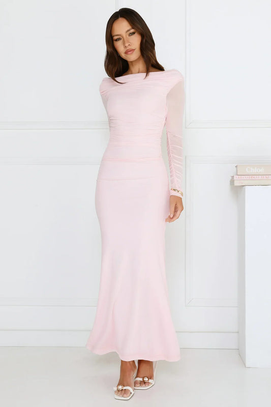 Love Chaser Mesh Long Sleeve Maxi Dress Pink