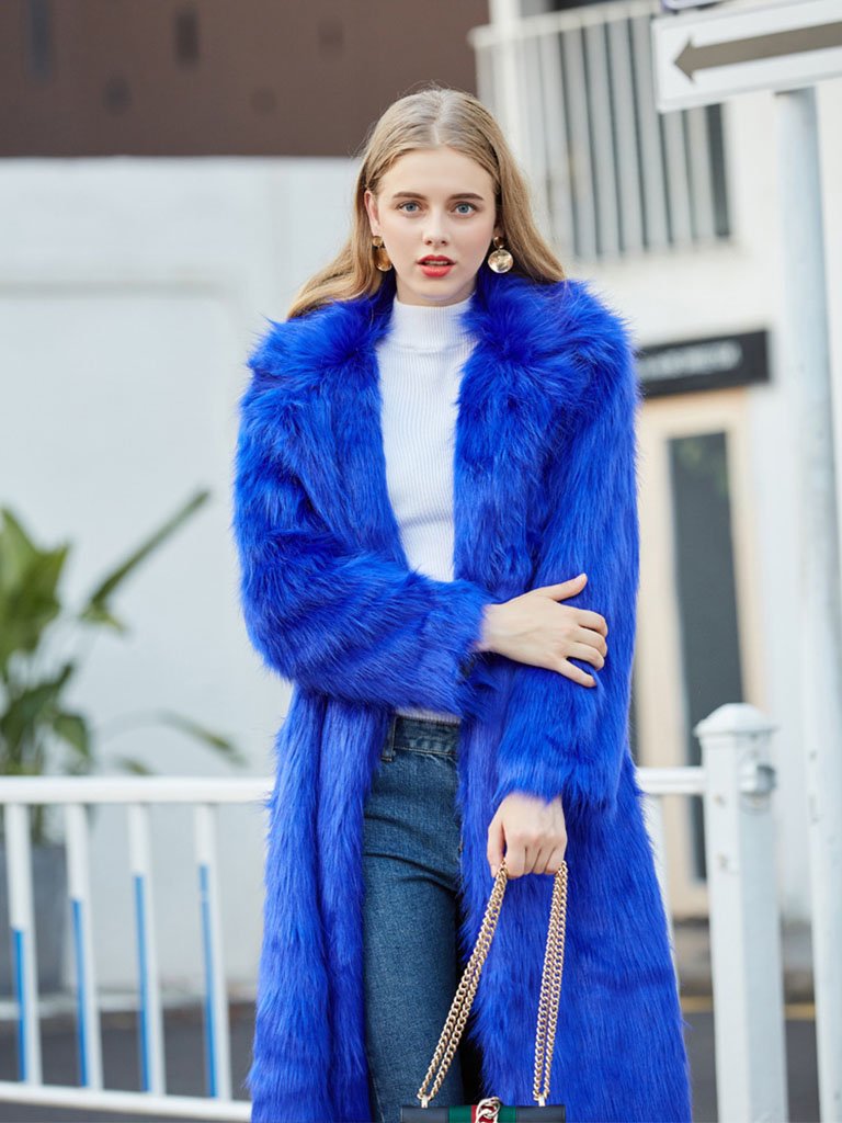 Faux Fur Coat Women V Neck Long Sleeve Maxi Winter Coat