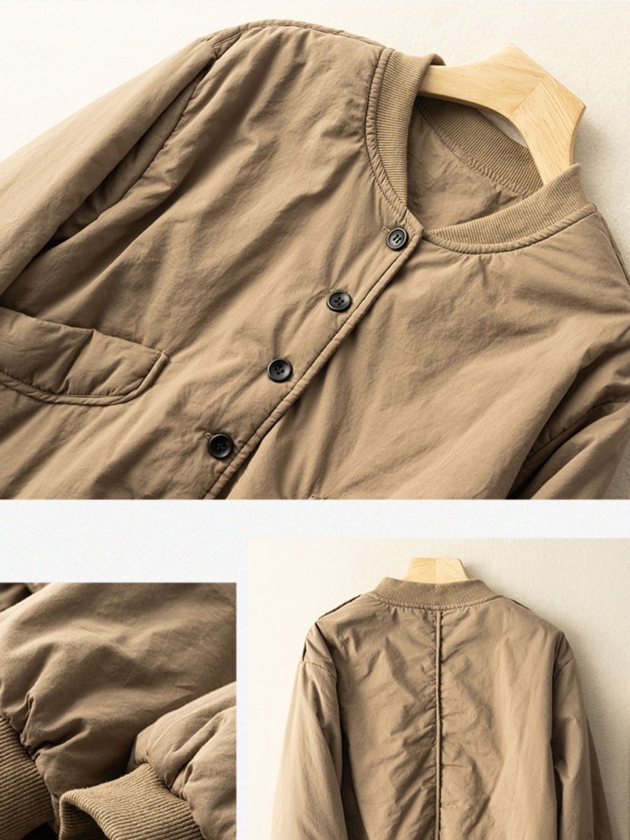 Long Sleeve Solid Round Neck 100% Natural Fabric Button Down Coat
