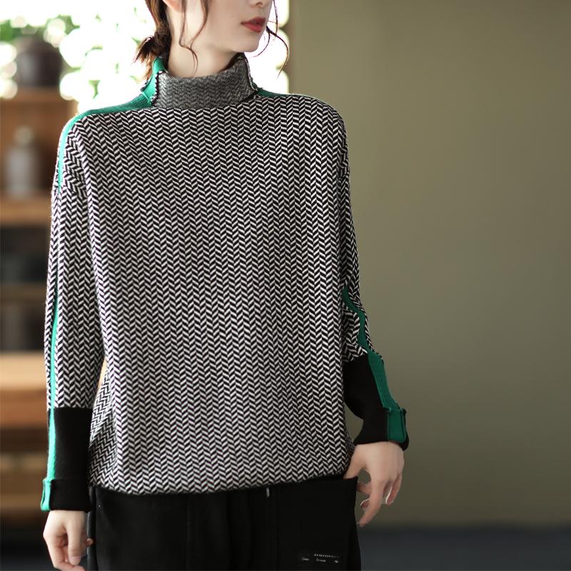 Winter Retro Turtleneck Patchwork Knitted Sweater