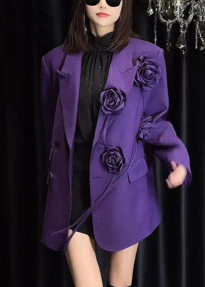 Floral Purple Peter Pan Collar Button Spandex Coats Spring