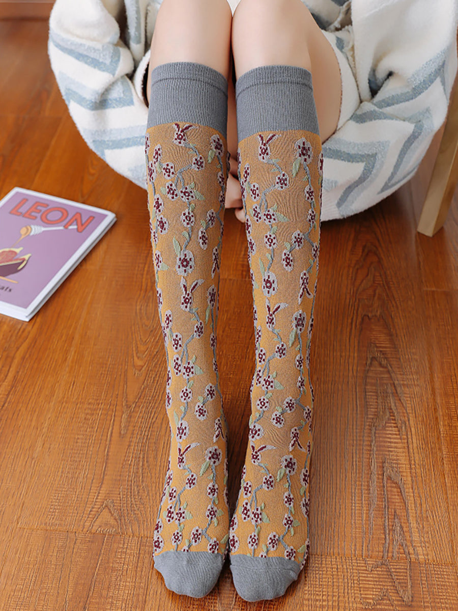 4 Pairs Cotton Vintage Floral Women Long Socks