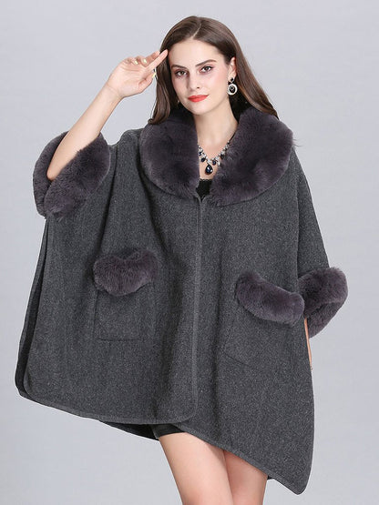 Poncho Knitwear Women Faux Fur Coat Shawl Collar Sweaters