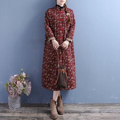 Winter Retro Floral Quilted Cotton Linen Dress