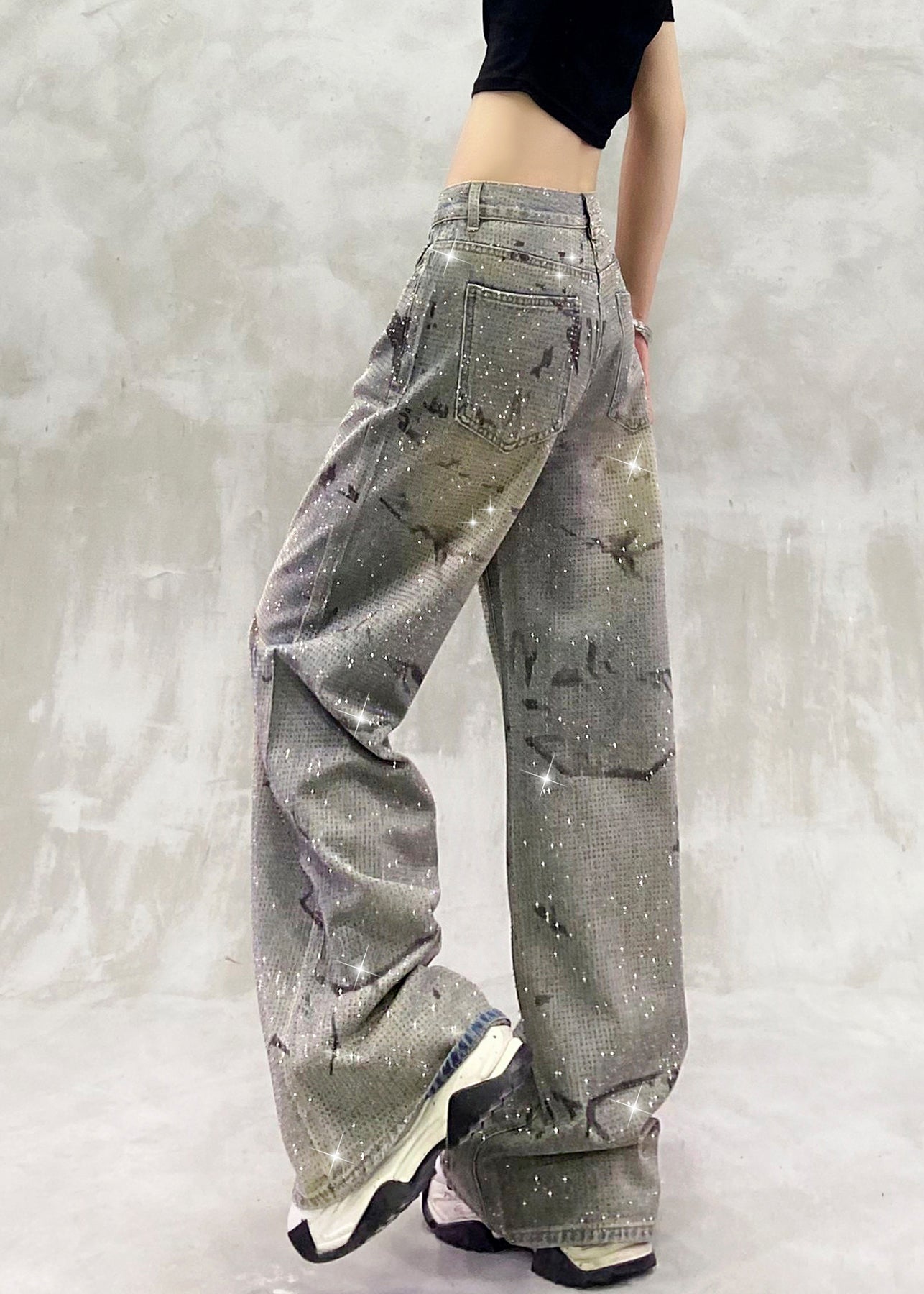 Fashion Blue Pockets Zircon High Waist Denim Pants Fall