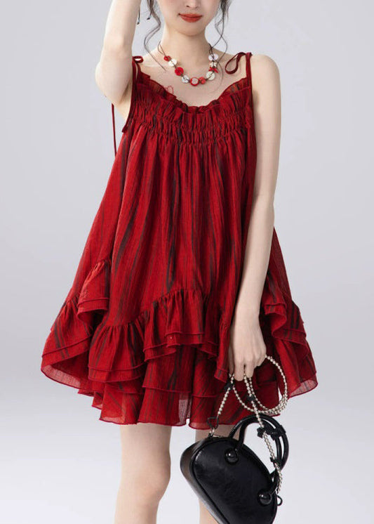 Women Red Ruffled Spaghetti Strap Top And Skirts Two Pieces Set Summer