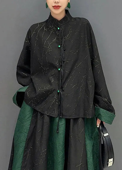 Women Black Patchwork Green Button Shirts And A Line Skirts Two Piece Set Fall
