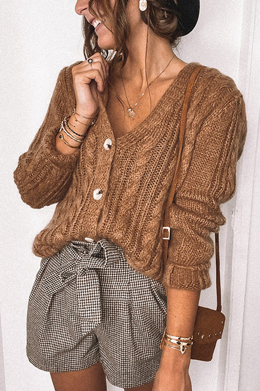 Solid V-Neck Cardigan Knitted Sweater
