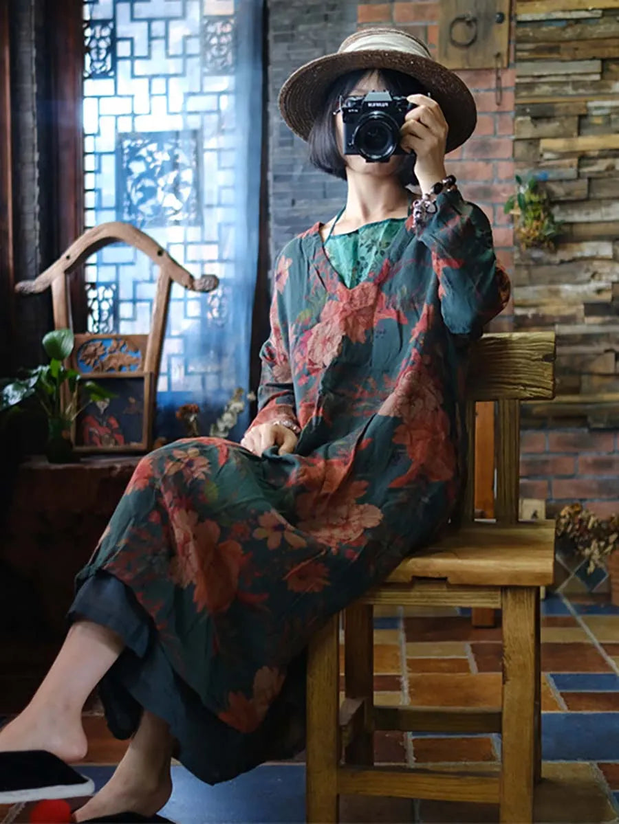 Women Vintage Floral Print V-Neck Loose Dress