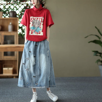 Retro Loose Embroidery A-Line Denim Skirt