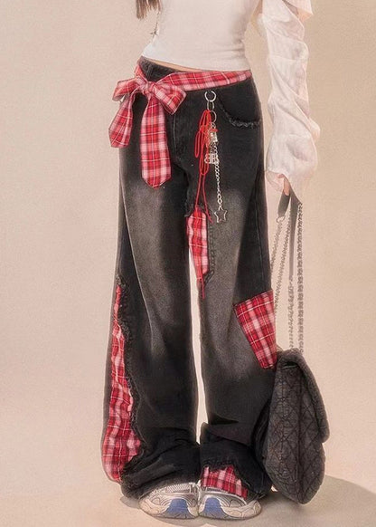 Vintage Black Bow Plaid Patchwork Denim Wide Leg Pants Summer