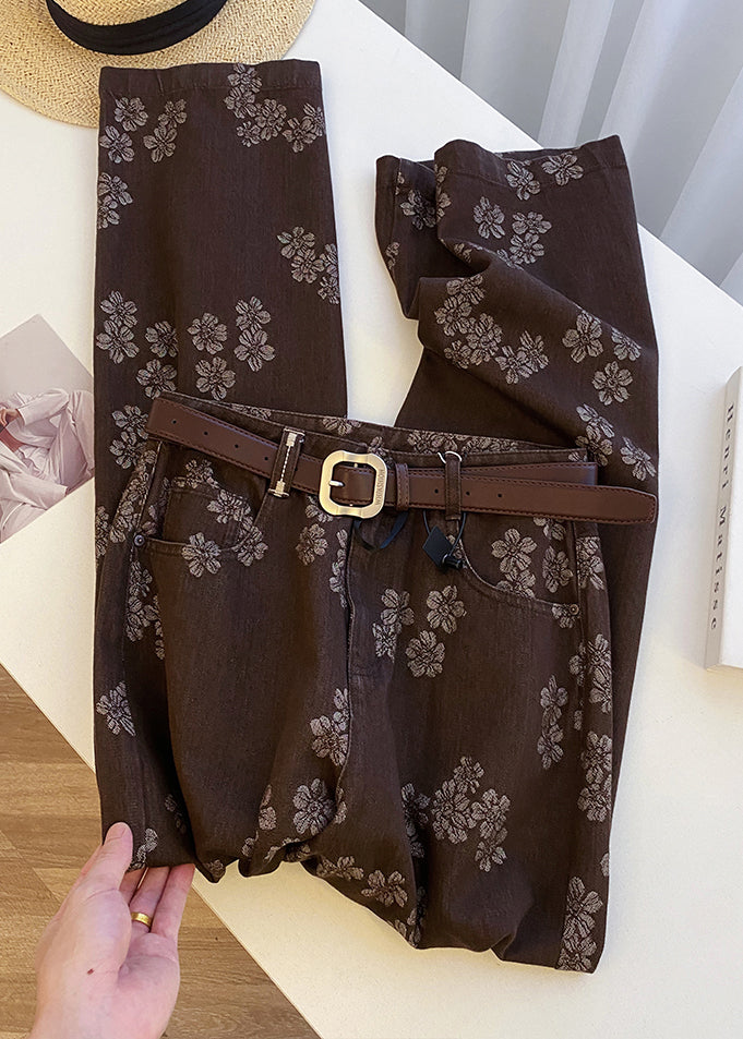 Vintage Coffee Print Pockets High Waist Denim Straight Pants Fall