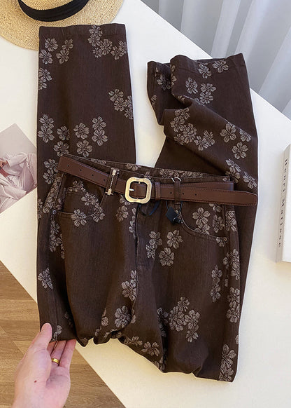 Vintage Coffee Print Pockets High Waist Denim Straight Pants Fall