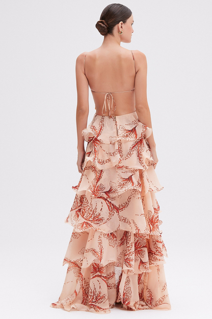 Floral Butterfly Beaded Tiered Ruffle Maxi Dress