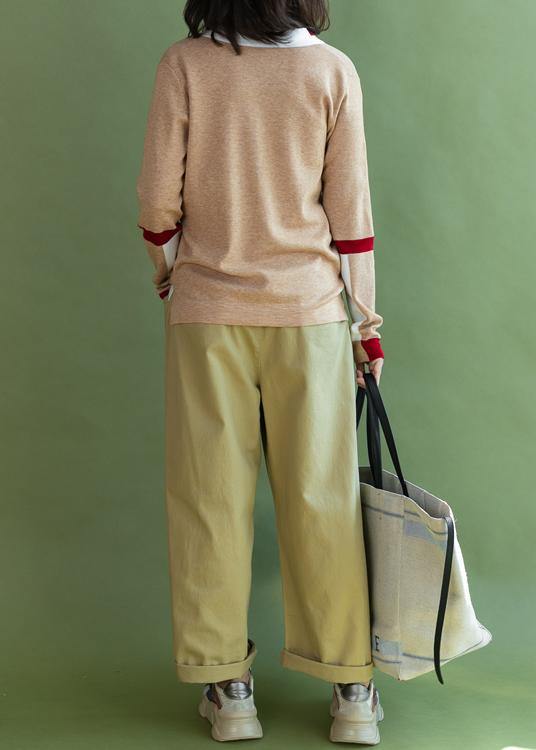 Chunky khaki knit blouse casual v neck sweaters side open