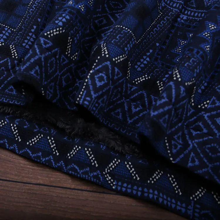 Winter Retro Print Cotton Linen Furred Dress