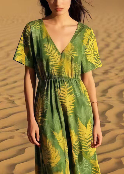 Women Grass Green Print Cotton Maxi Dresses Summer