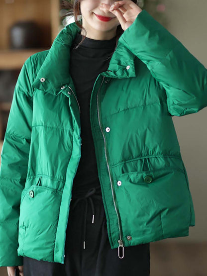 Women Casual Zipper Pocket Solid Warm Down Coat