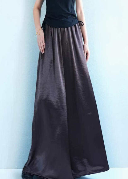 Loose Coffee Pockets Solid Silk Wide Leg Pants Summer