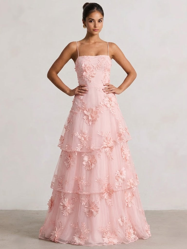 A Line  Tiered Prom Dresses Ruffled Spaghetti Straps Floral Wedding Guest Dresses Floor-length With Flower Embroidery