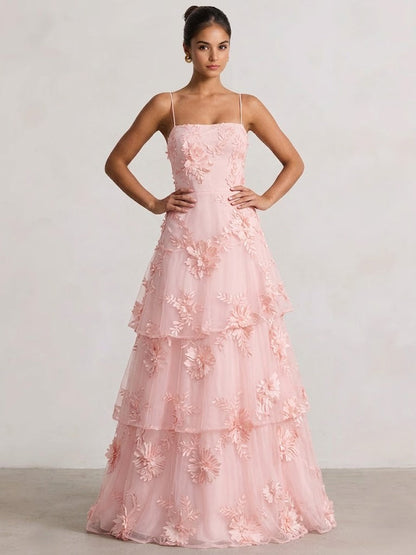 A Line  Tiered Prom Dresses Ruffled Spaghetti Straps Floral Wedding Guest Dresses Floor-length With Flower Embroidery