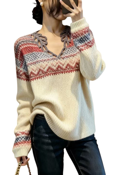 Elegant Beige V Neck Print Knitted Tops Spring