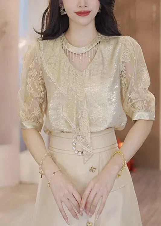 Unique Champagne Ruffled Patchwork Jacquard Silk Blouse Tops Summer