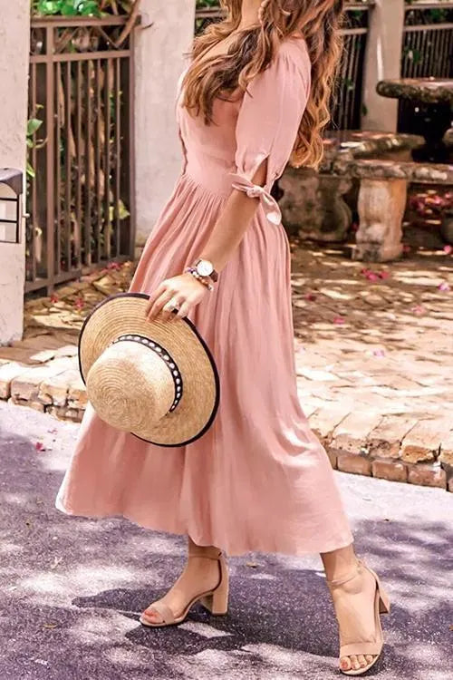Casual Vacation Button Knot Sleeve Dress